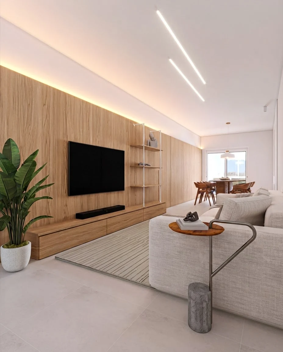 Sala de apartamento com marcenaria em madeira, sofá claro e integração com o jantar