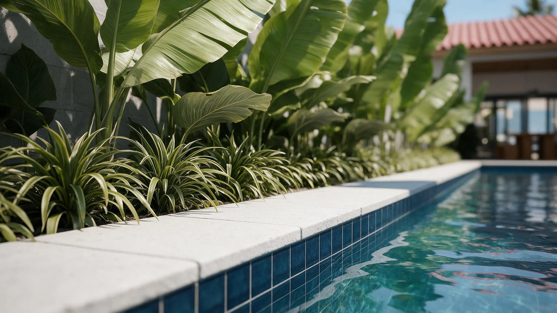 Borda de piscina azul junto ao paisagismo tropical